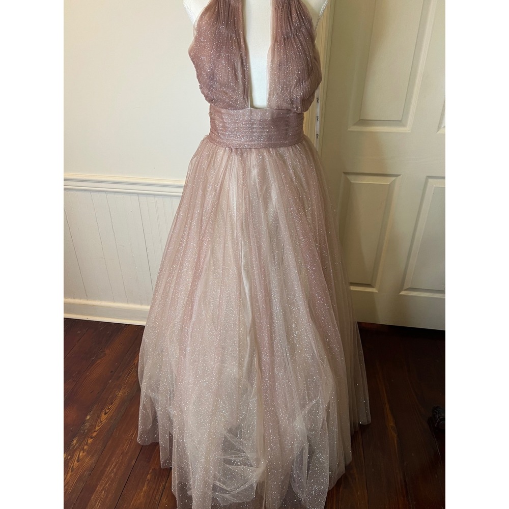 Mac Duggal 20376 Mauve Rose Glitter Tulle Halter Neck Gown Formal Prom Dress NEW - Picture 4 of 13
